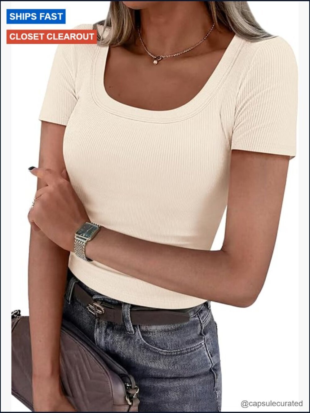 Scoop Neck Short Sleeve Ribbed Tee Tops for Women